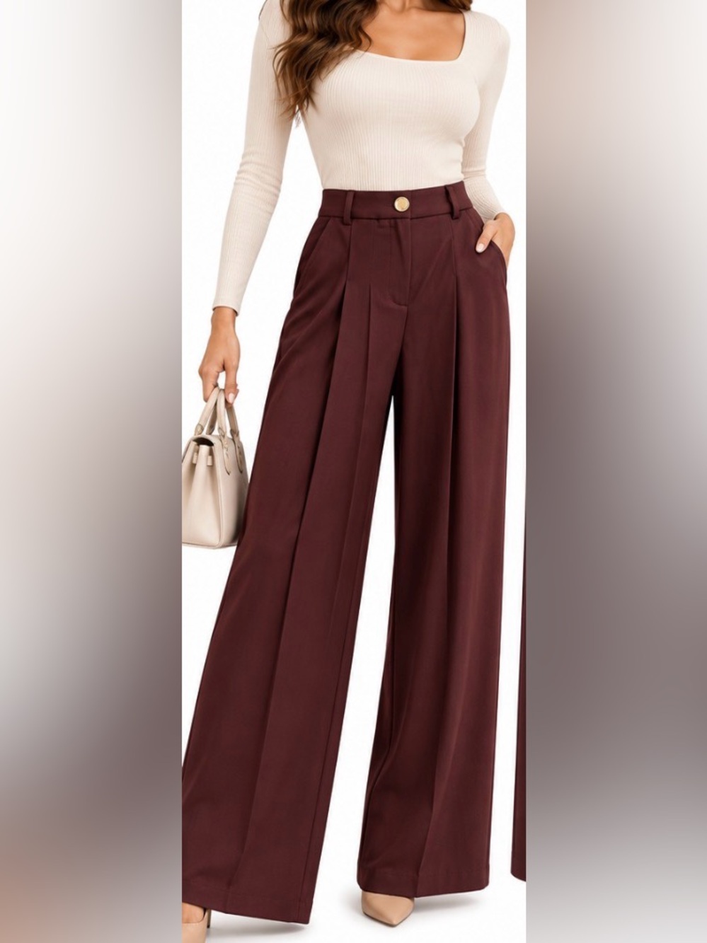 COMMENSE Burgundy Pleated Wide Leg Pants Medium NWT OA250730022